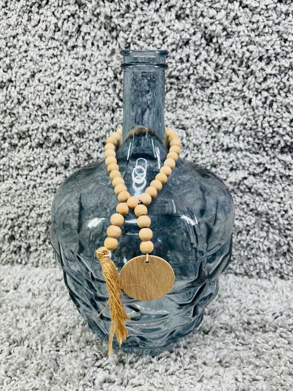 Blue Art Glass Bottle Vase With Round Wooden Beaded Tassel Garland 11"X5"